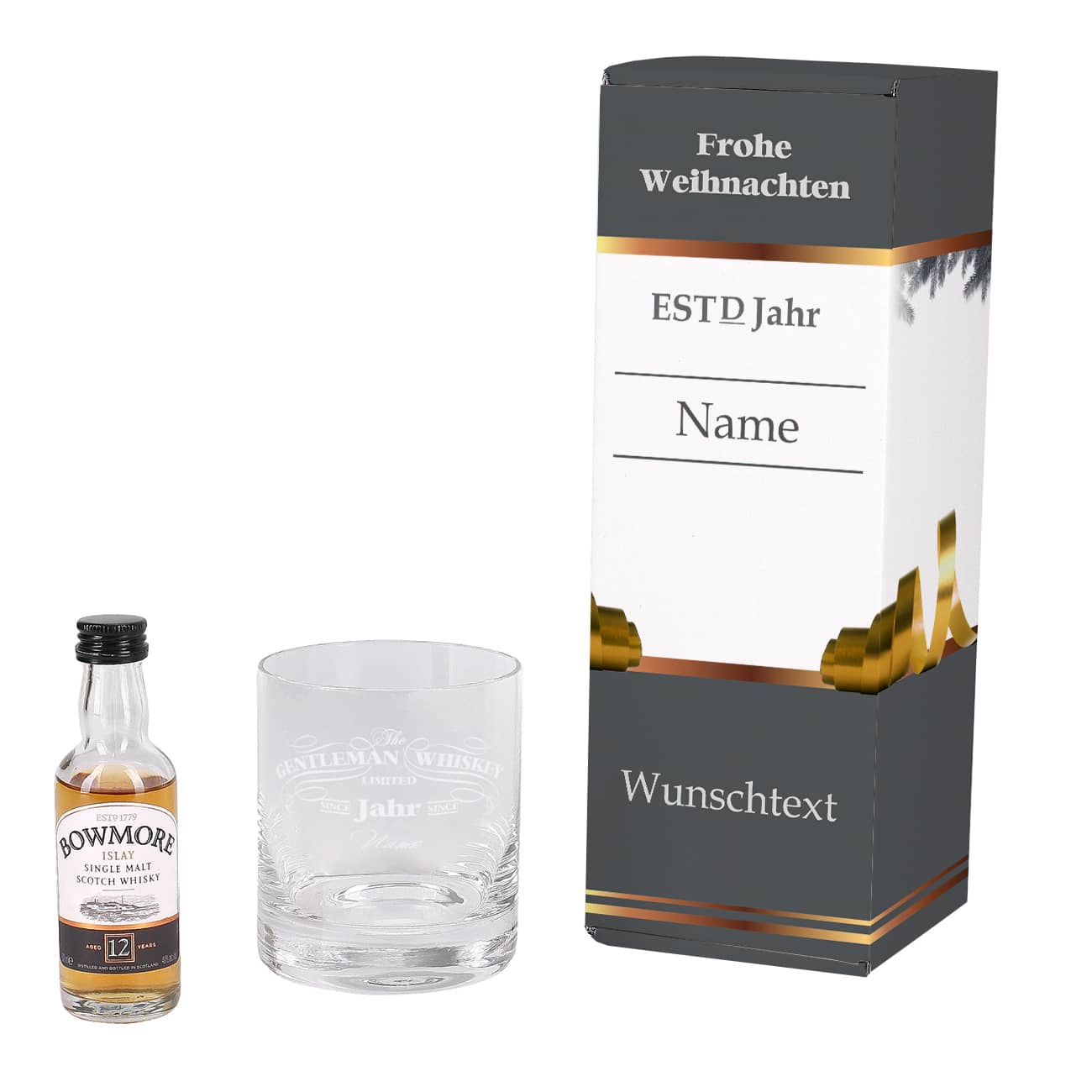 Glas mit Personalisierung und Bowmore Whisky in weihnachtlicher Geschenkverpackung