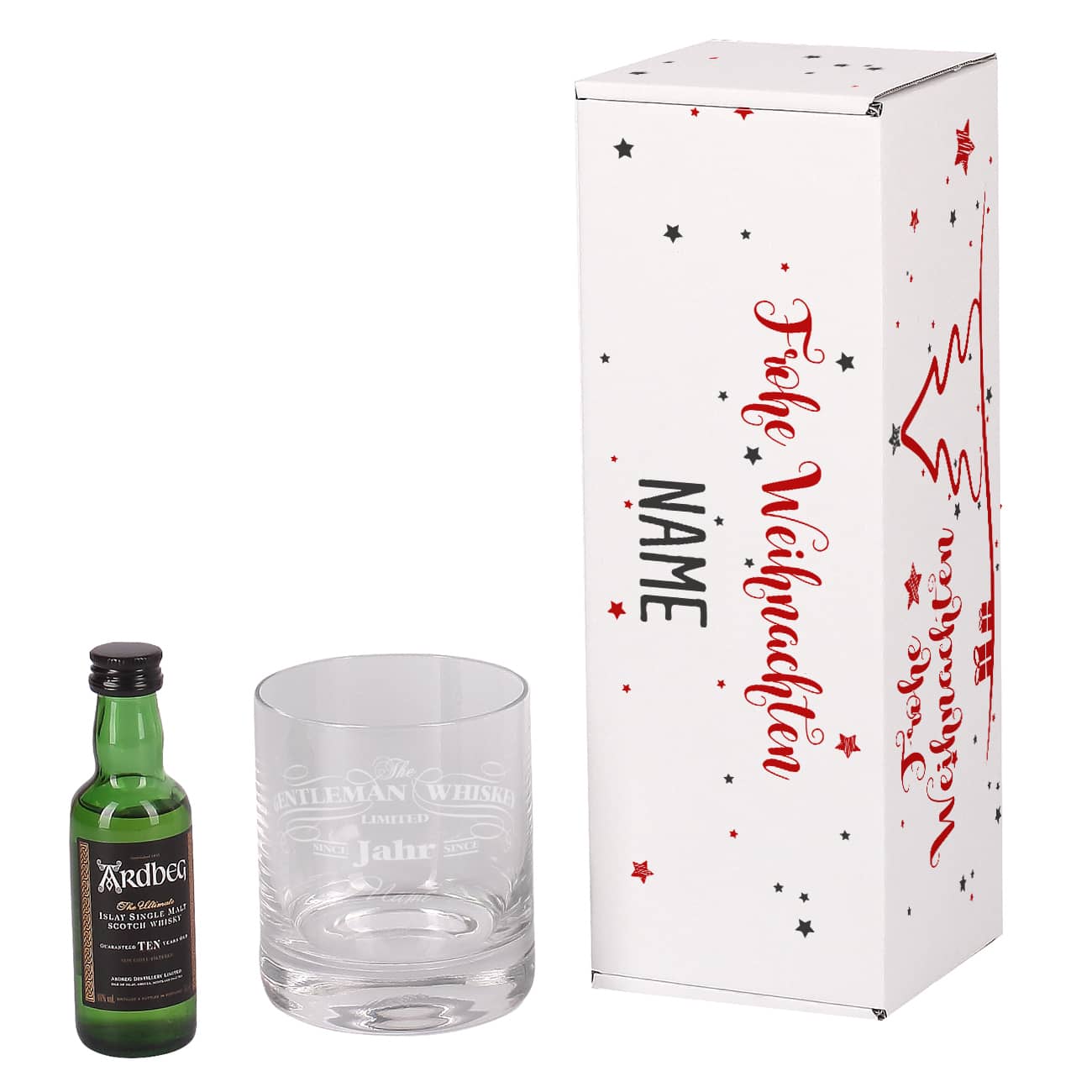 Geschenkverpackung Rückansicht mit Whisky und Glas