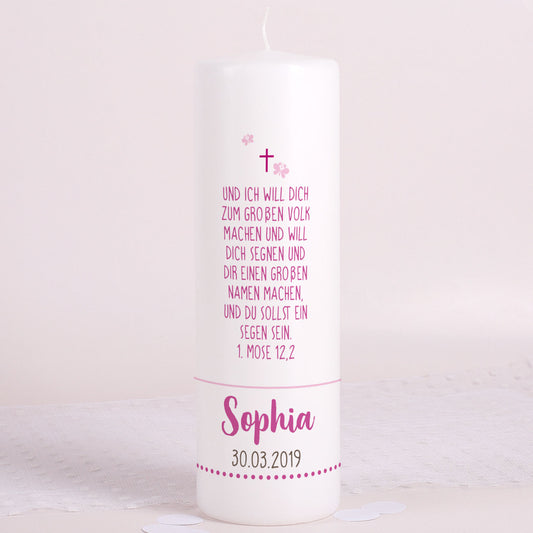 Rückseite der Kerze mit Taufspruch