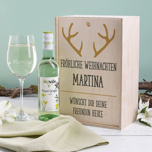 Bio Wein Geschenkset zu Weihnachten mit graviertem Glas und Box