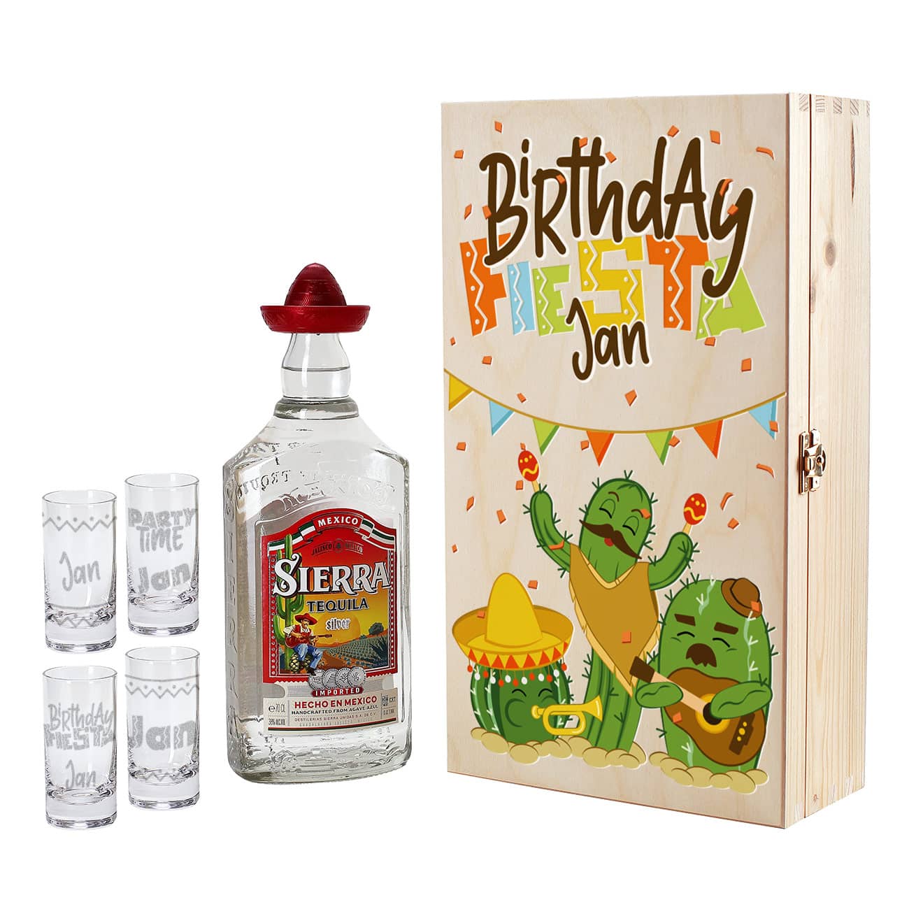 Geschenk-Set zum Geburtstag mit Sierra Tequila, individuell gravierten Tequila-Shot-Gläsern und Holzbox mit Fiesta-Kakteen und Ihrem Wunschnamen bedruckt