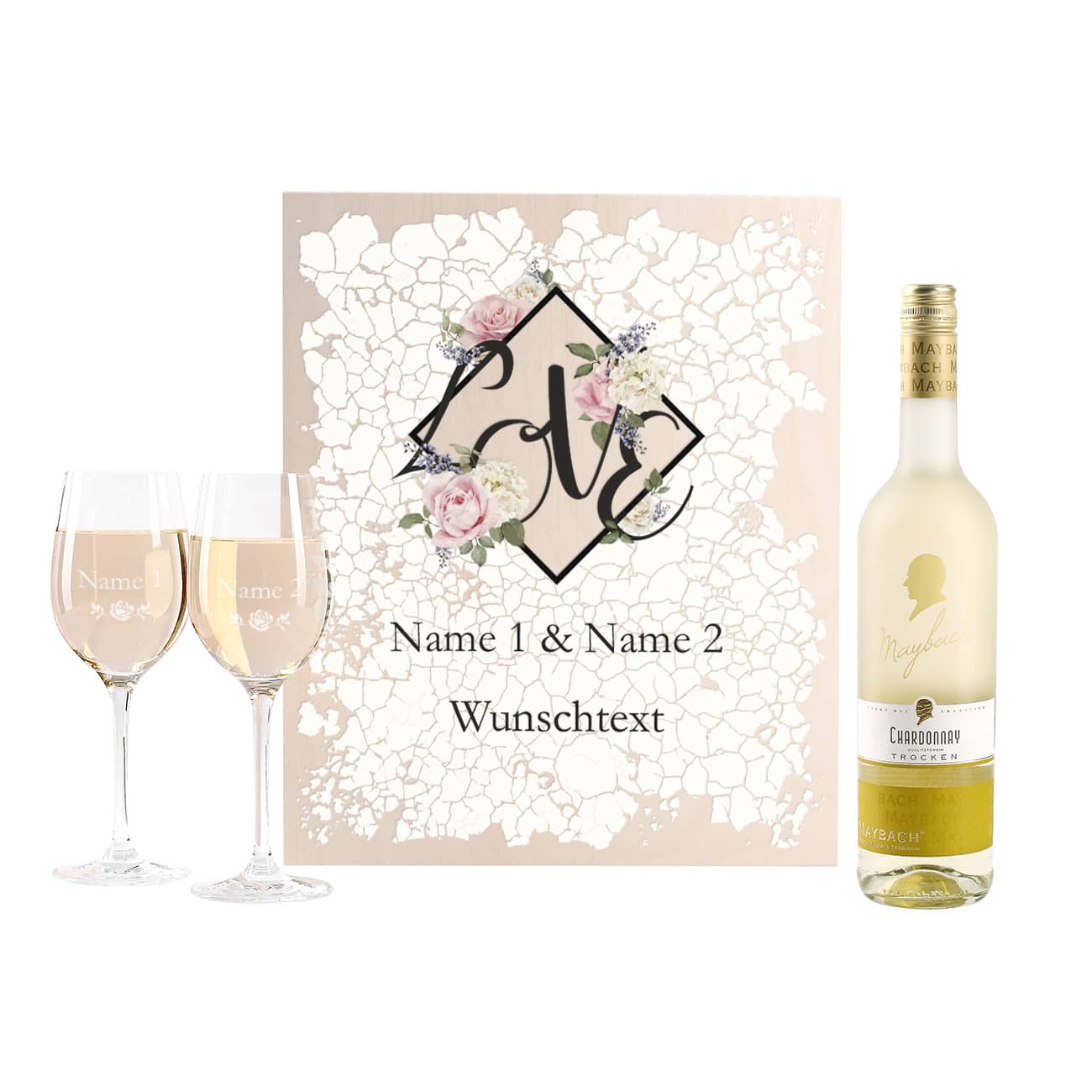 Geschenkset zum Valentinstag mit bedruckter Holzbox, gravierten Weingläsern und frei wählbaren Maybach Weißwein