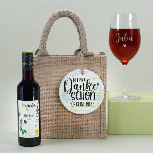 Weingeschenkset mit Geschenktüte, Weinglas und Weinflasche