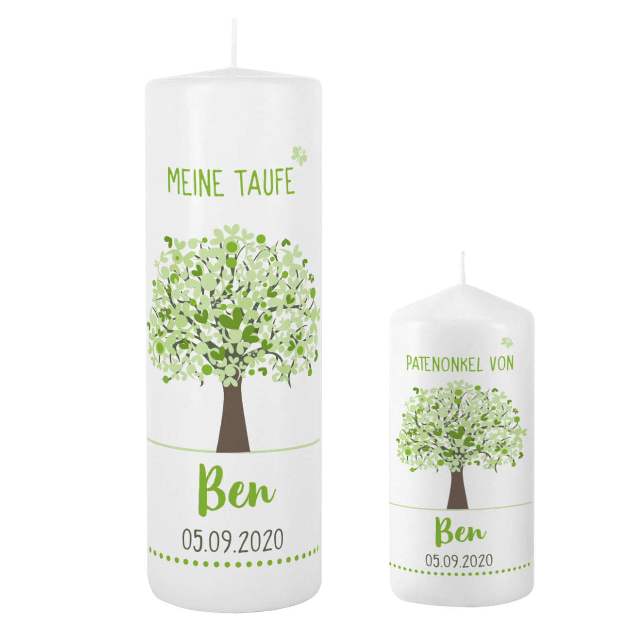 Set mit kleiner und großer bedruckter Kerze mit grünem Lebensbaum und Personalisierung, z.B. als Patengeschenk Patenkerze für den Taufpaten Taufpatin
