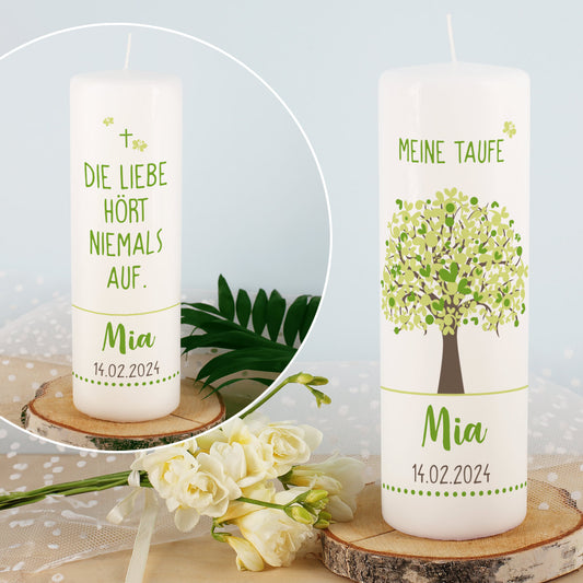 25cm große bedruckte Kerze mit Lebensbaum in grün, Namen und Datum, z.B. als Patengeschenk Patenkerze für den Taufpaten Taufpatin