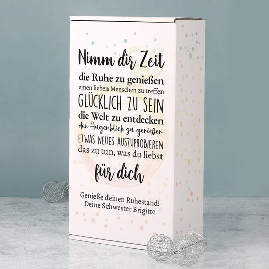 Bedruckte Pappbox "Nimm dir Zeit" mit Wunschtext und guten Wünschen zum Ruhestand