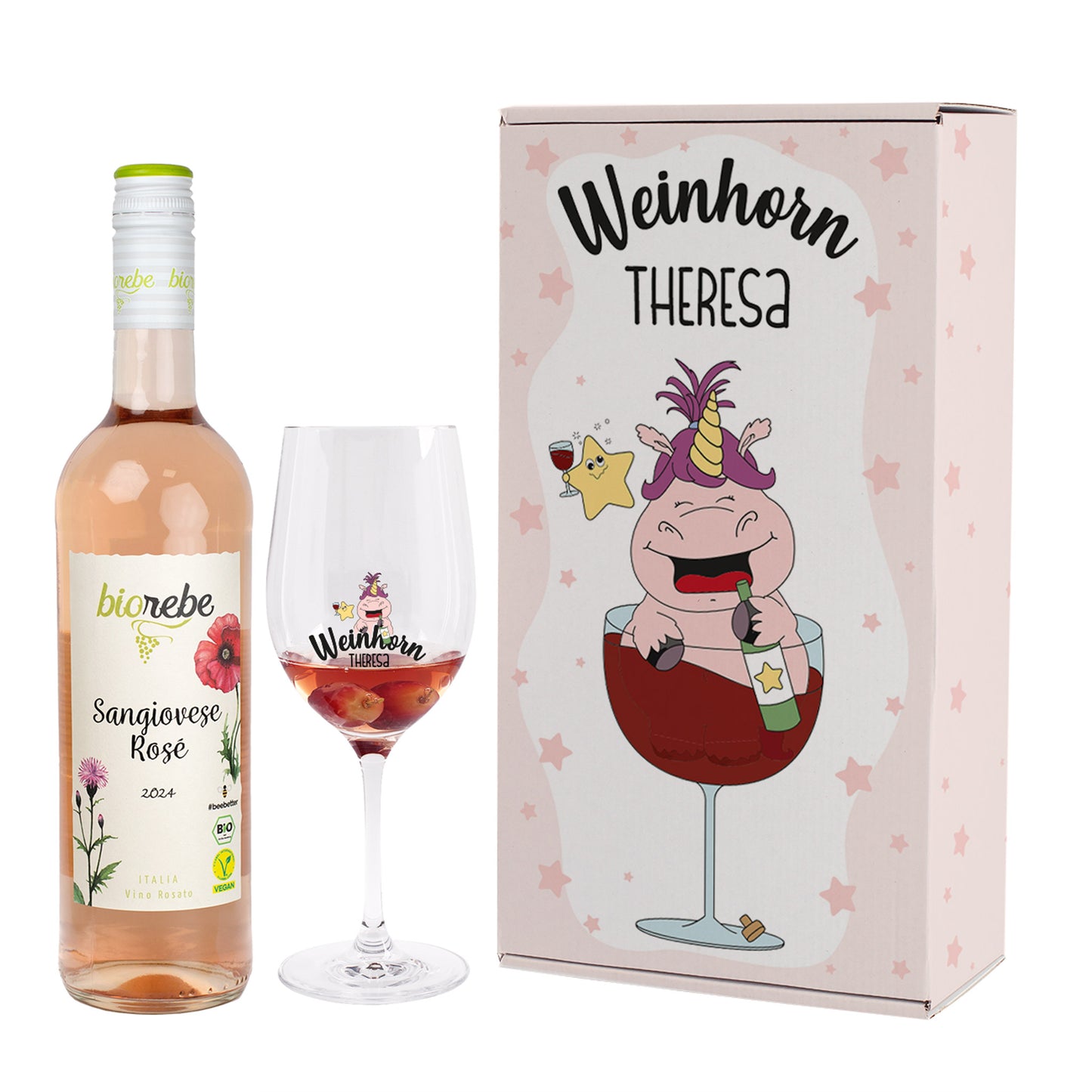 Geschenkset Weinhorn Theresa mit Biorebe Sangiovese Rosé, graviertem Weinglas und rosa Geschenkbox mit Einhorn-Motiv