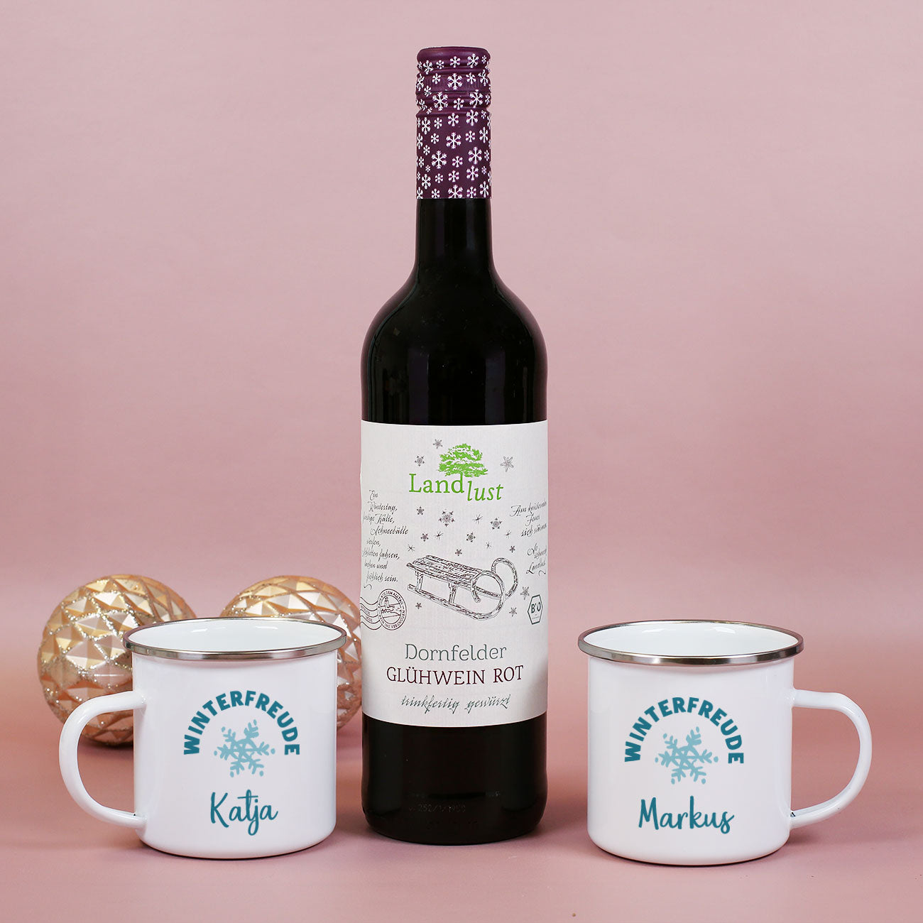 Oh du fröhliche... - Winterfreude Geschenkset mit Dornfelder Glühwein, Emailletassen und Geschenkbox