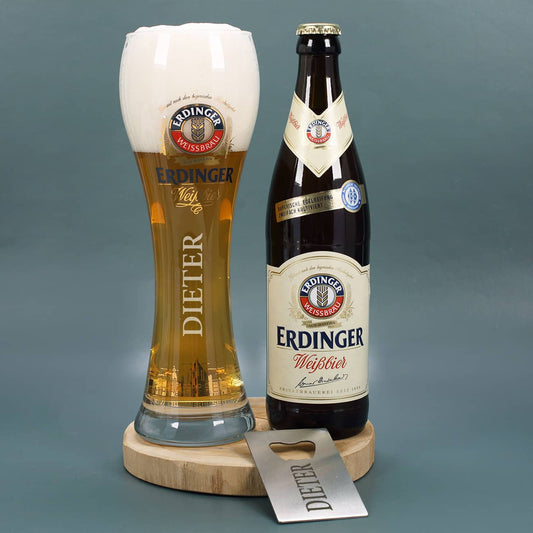 Geschenkset zum Geburtstag mit Weizenbierglas, Weizenbier und Flaschenöffner