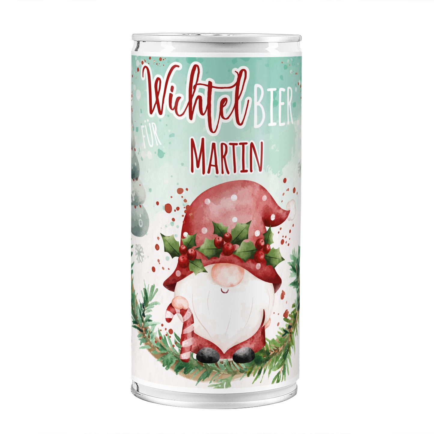 Freigestellte Wichtelbier-Dose mit Wichtelmotiv und personalisiertem Namen Martin auf weißem Hintergrund.