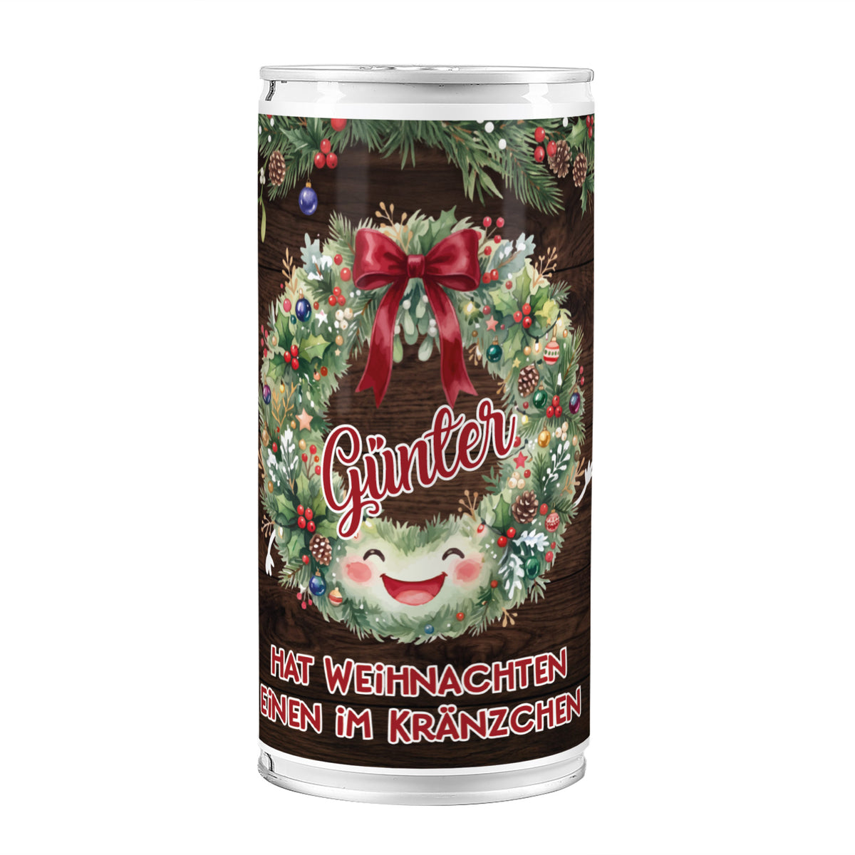 Freigestellte personalisierte 1-Liter-Bierdose mit Name Günter, Weihnachtskranz-Motiv und lustigem Weihnachtsspruch