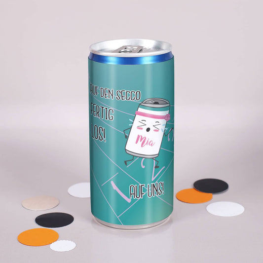 Personalisierte Secco Dose "Auf den Secco, Fertig, Los!" mit sprintender Dose als Motiv