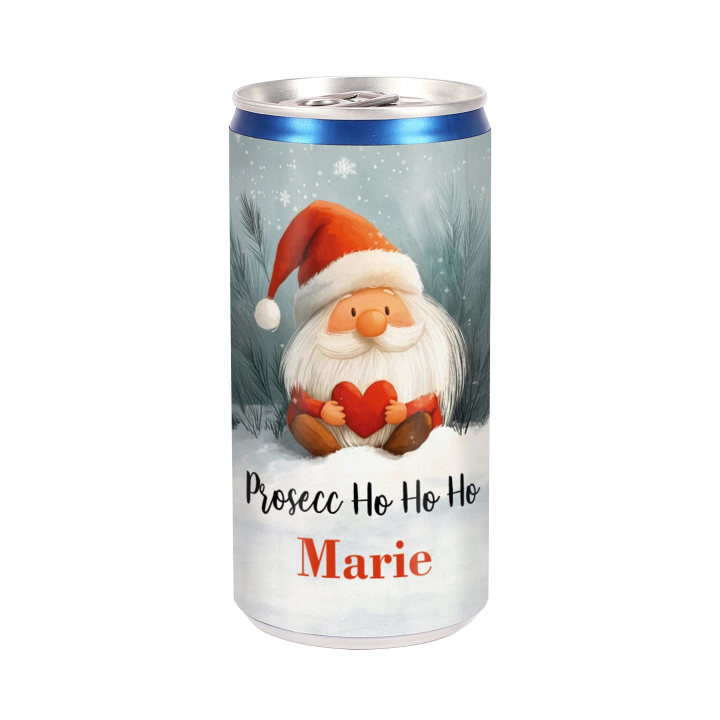 Weihnachts-Prosecco-Dose mit Wichtel und Name Marie – individuell beschriftet