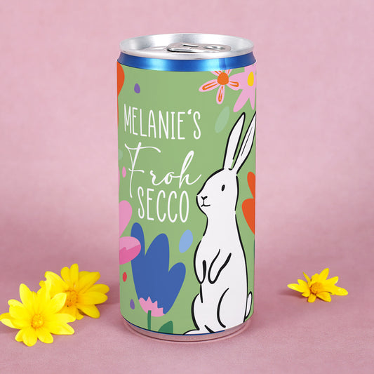 Personalisierte Secco Dose „Froh Secco“ mit Name und Osterhasenmotiv auf grünem Hintergrund