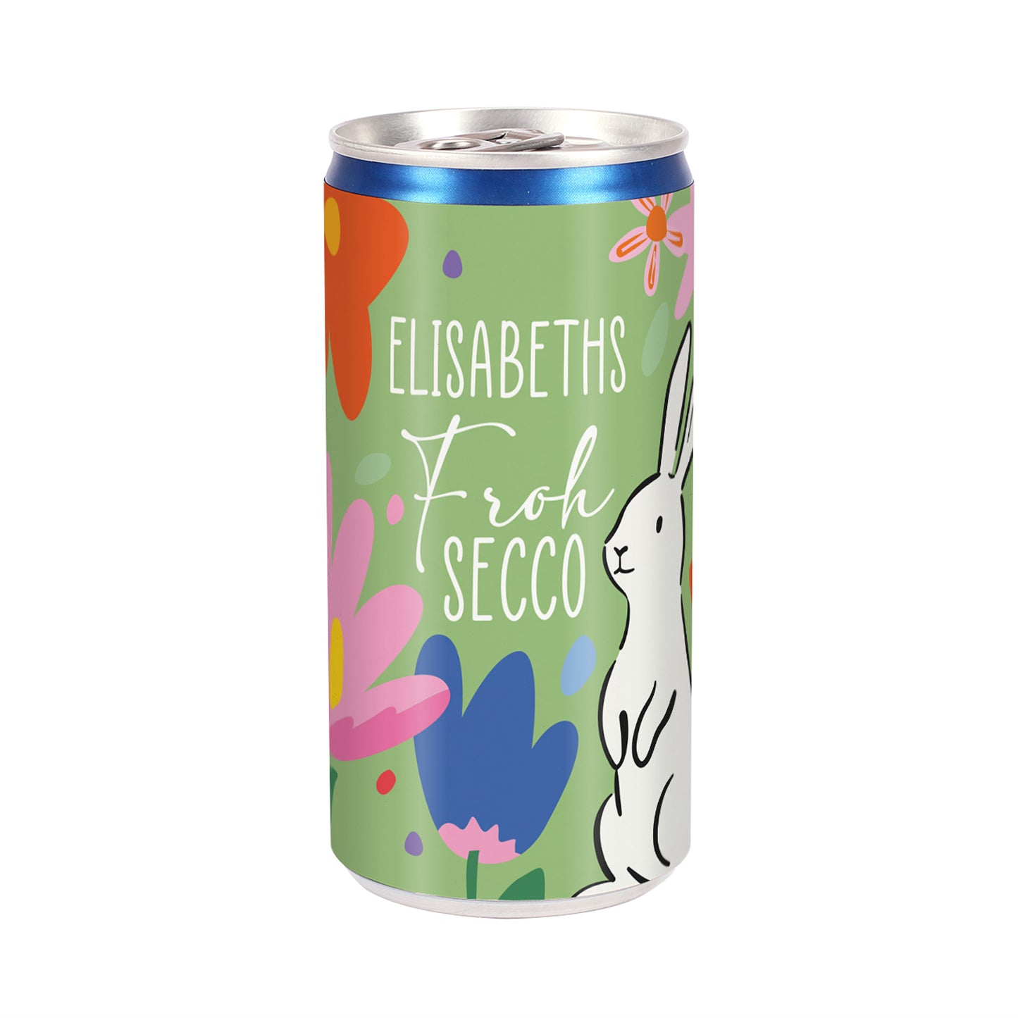 Personalisierter Frohsecco in Dose mit Hasenmotiv und Schriftzug „Froh Secco“ als Ostergeschenk