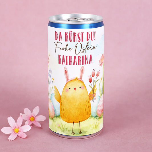 Personalisierte Secco-Dose „Da kükst du! Frohe Ostern“ mit Name und Kükenmotiv