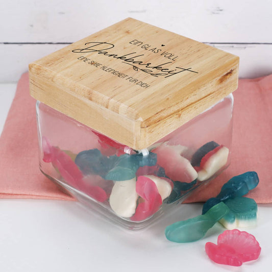 Schlicht bedrucktes Vorratsglas mit Personalisierung als Dank