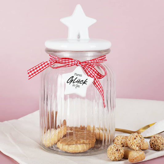 Glück im Glas - Keksdose mit bedrucktem Sternanhänger
