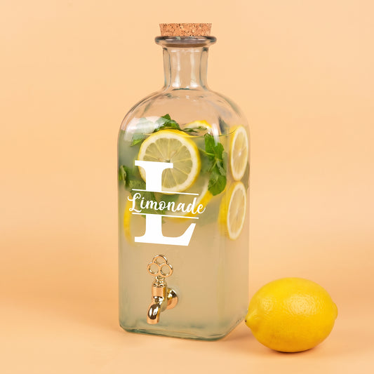 Glas Getränkespender mit goldfarbenem Hahn, Korken und Initiale für Limonade mit Zitronen und Minze