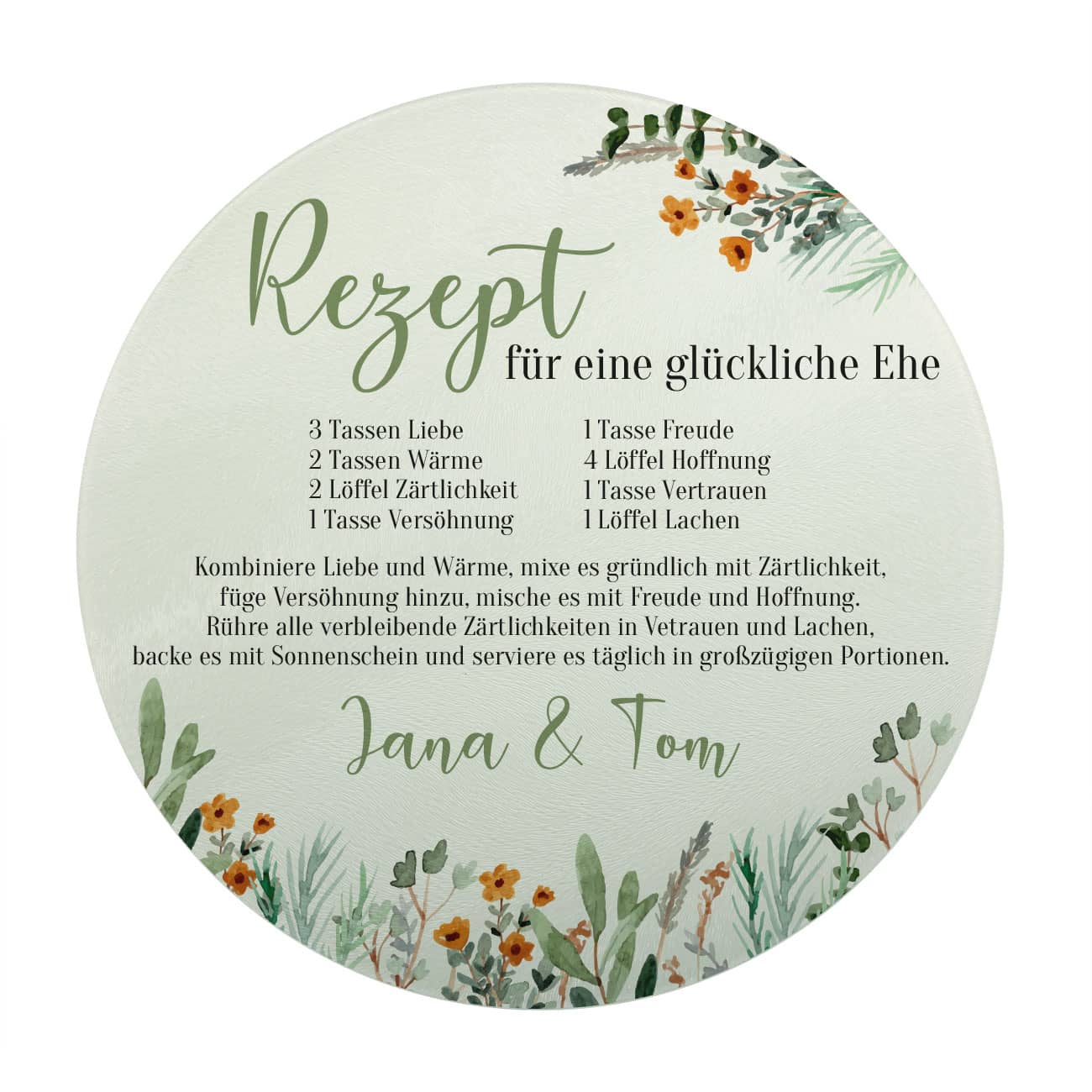 Schneidebrettchen oder Tortenteller zur Hochzeit mit Rezept für die Ehe Motiv und Namen