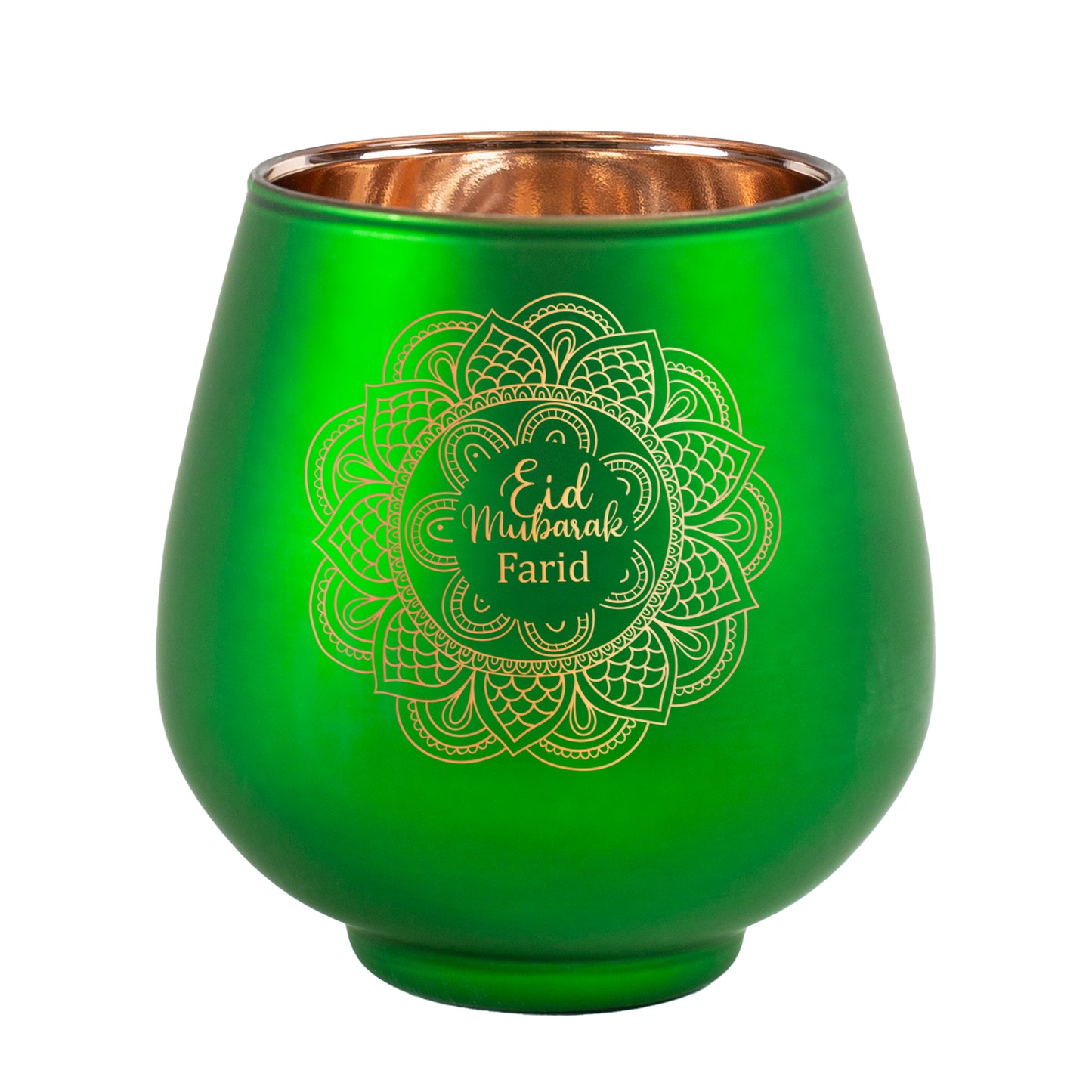 Eid Mubarak Teelichthalter aus Glas grün freigestellt
