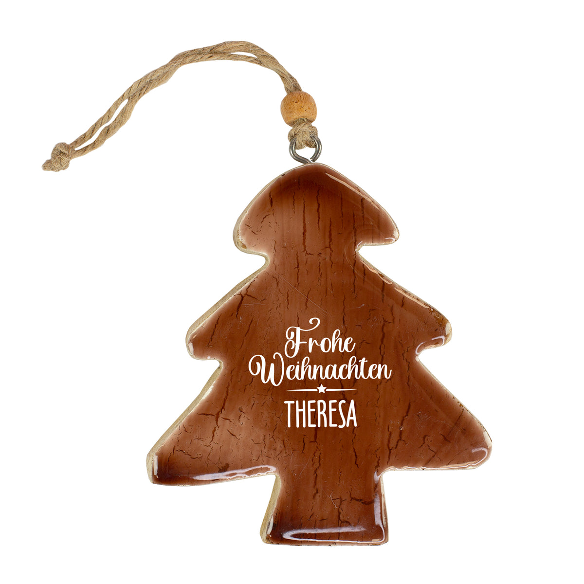 Freigestellter personalisierter Weihnachtsbaum-Anhänger aus Holz mit „Frohe Weihnachten Theresa“ und Aufhängeschnur