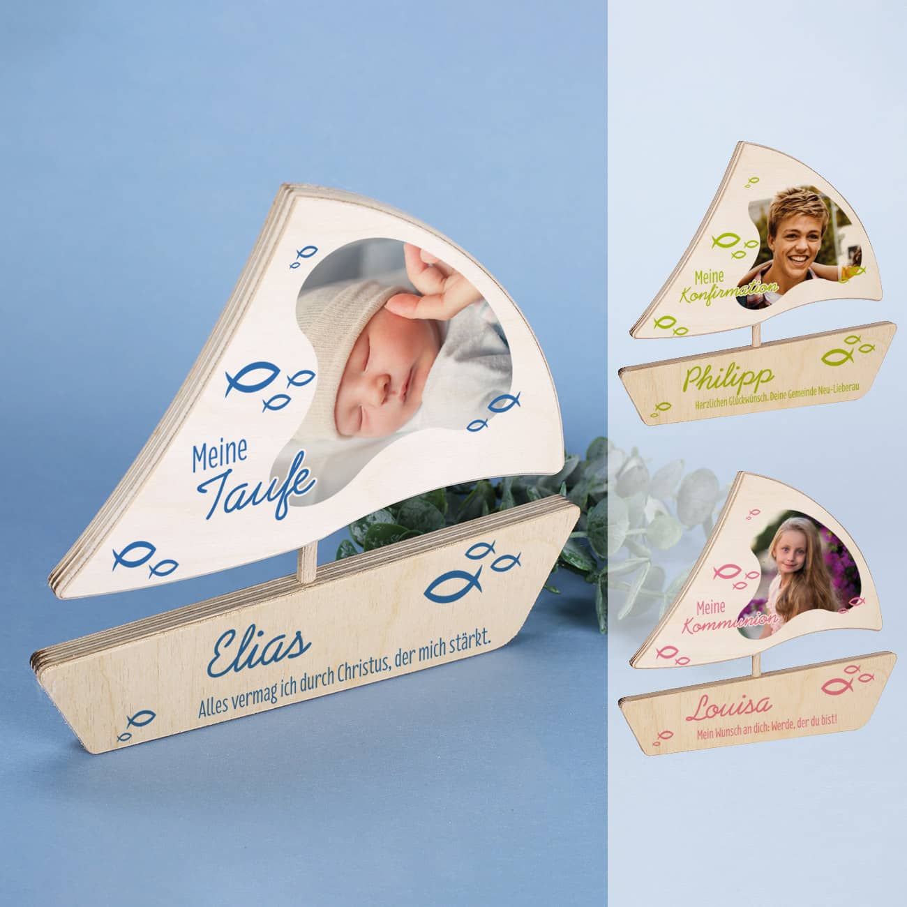 Bedruckte Holzboote in verschiedenen Farben mit Ihrem Foto und individueller Beschriftung