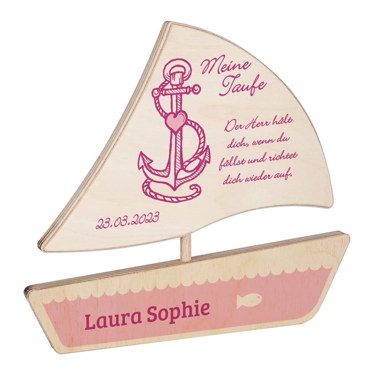 Holzboot "Meine Taufe" in rosa mit Namen, Taufdatum und kurzem eigenen Text