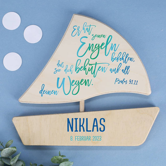 Er hat seinen Engeln befohlen - Boot aus Holz für Kirchliche Anlässe mit blau-grünen Aufdruck und Ihren Wunschangaben