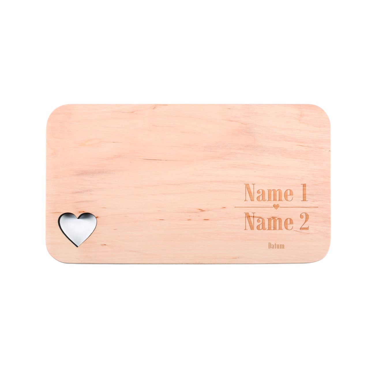 Holzbrettchen zur Hochzeit mit gravierten Namen und Datum