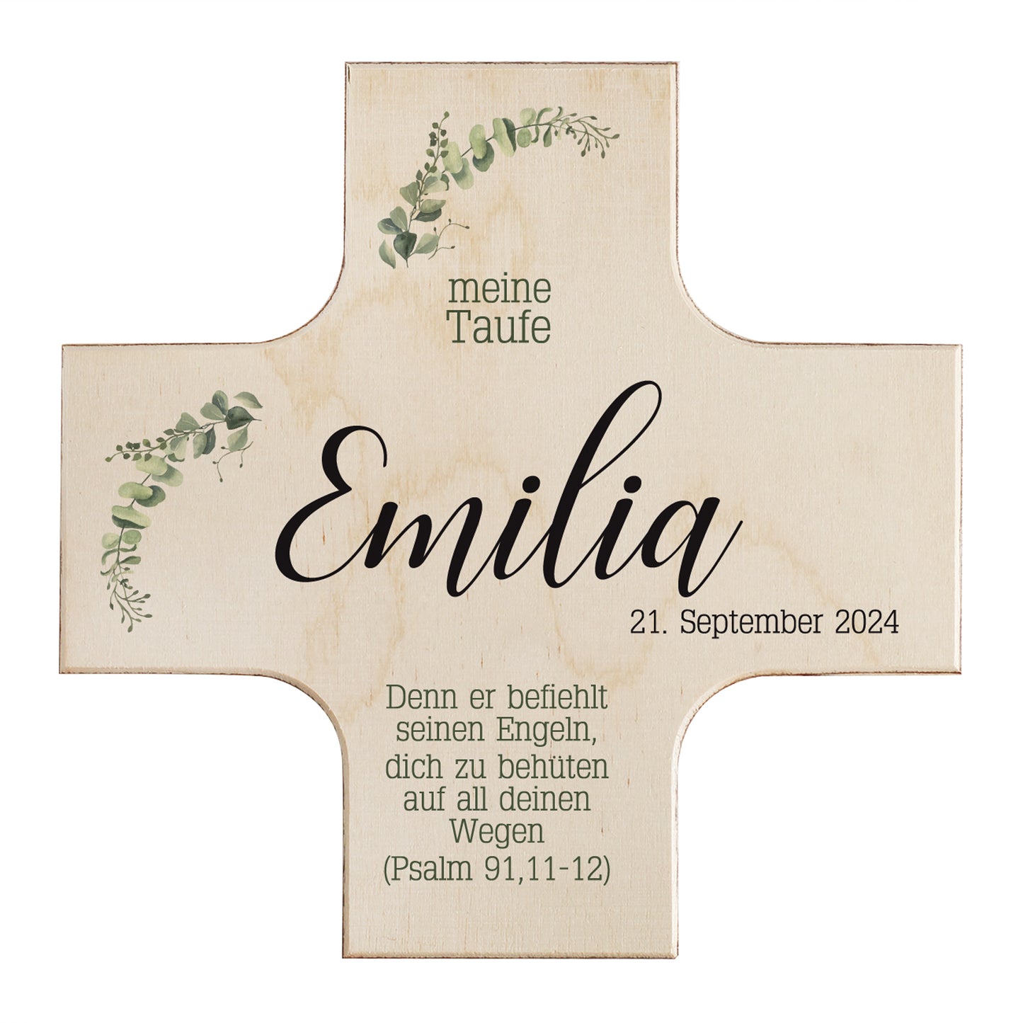 Holzkreuz zur Taufe, Kommunion oder Konfirmation mit zarten Blattzweigen