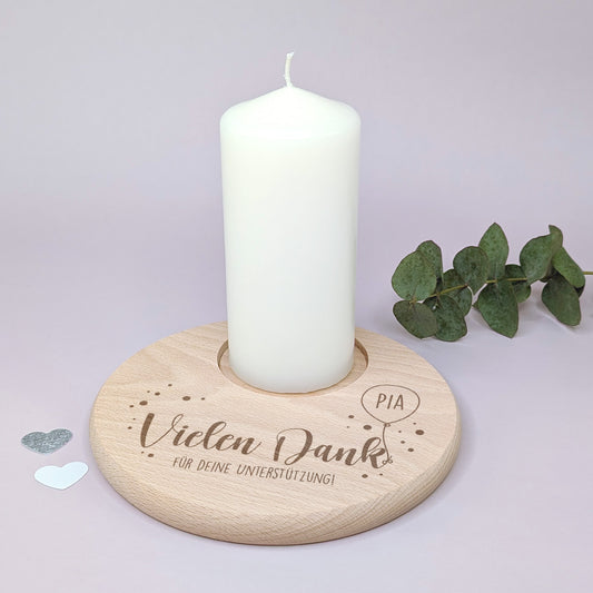 Kerzenteller „Danke“ mit Luftballon – personalisiert mit Name und Wunschtext, auf hellem Untergrund arrangiert