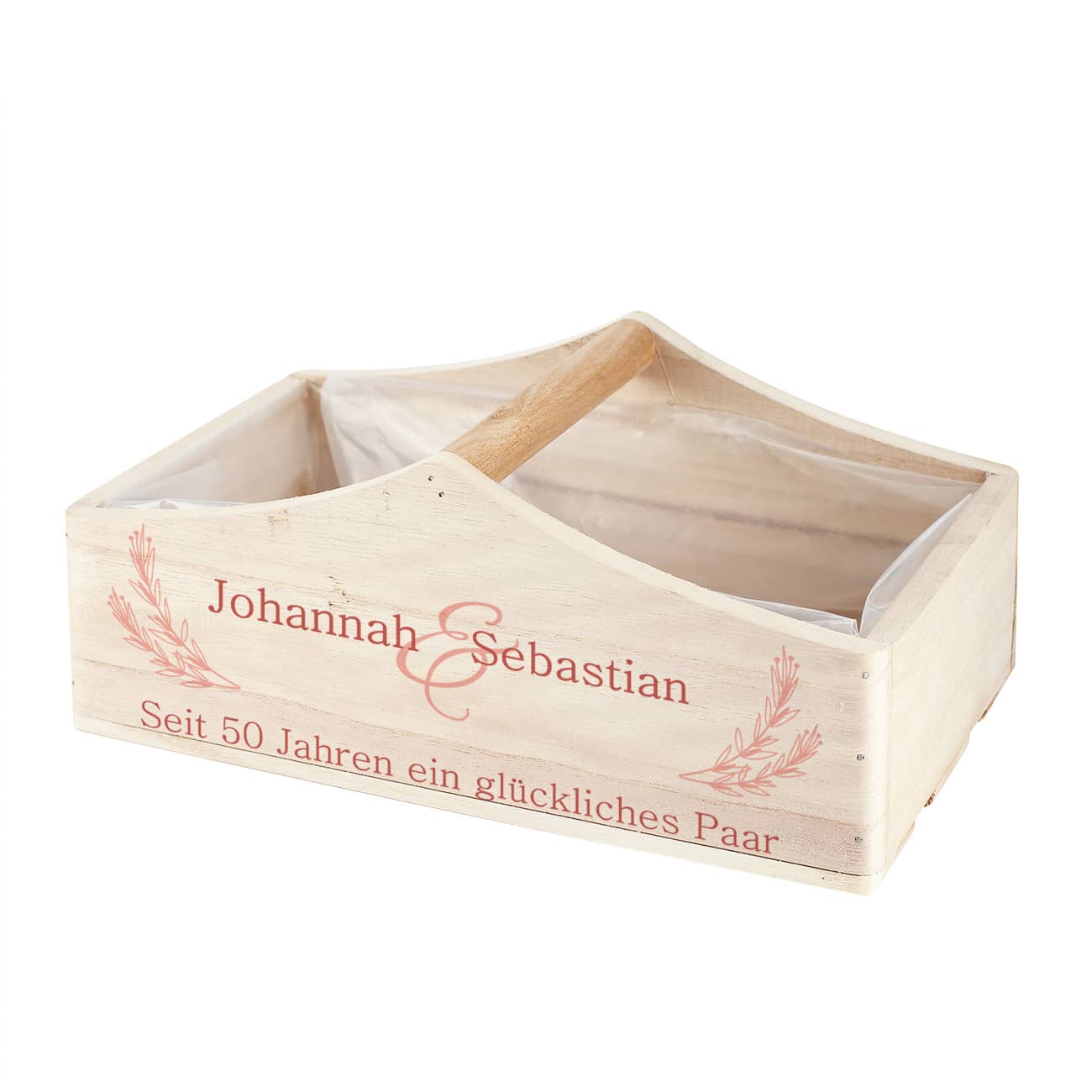 Pflanzkorb mit Namen des Paares, Blütenranke und Wunschtext bedruckt