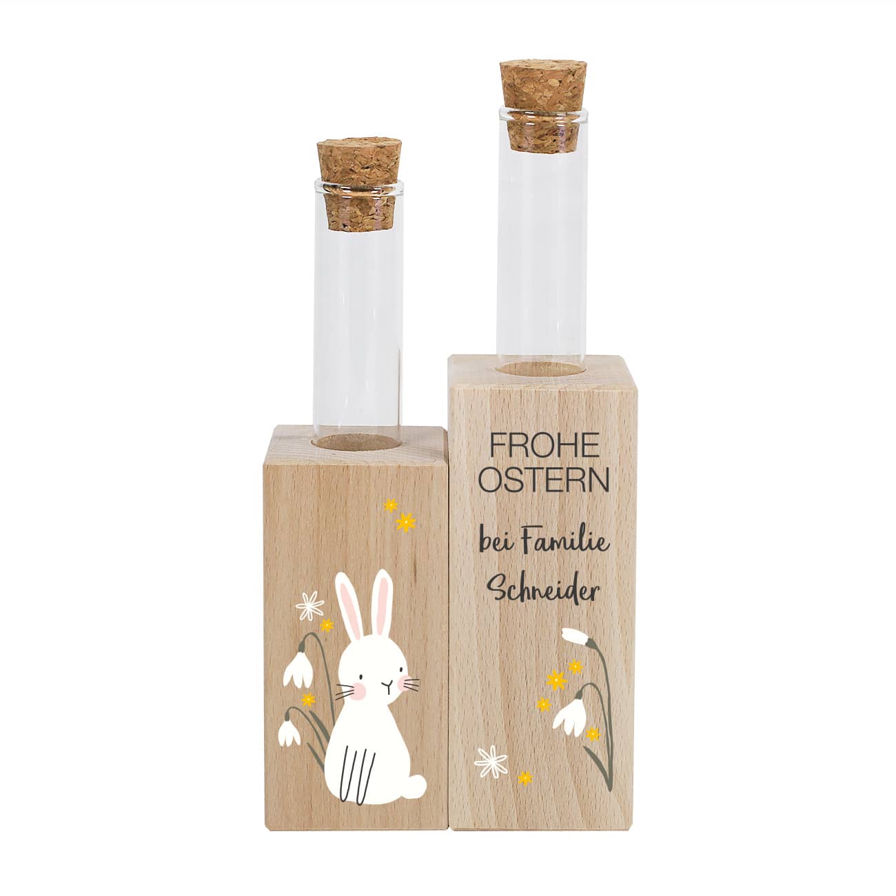 Ostervase mit Holzsockeln und Reagenzgläschen, individuell bedruckt