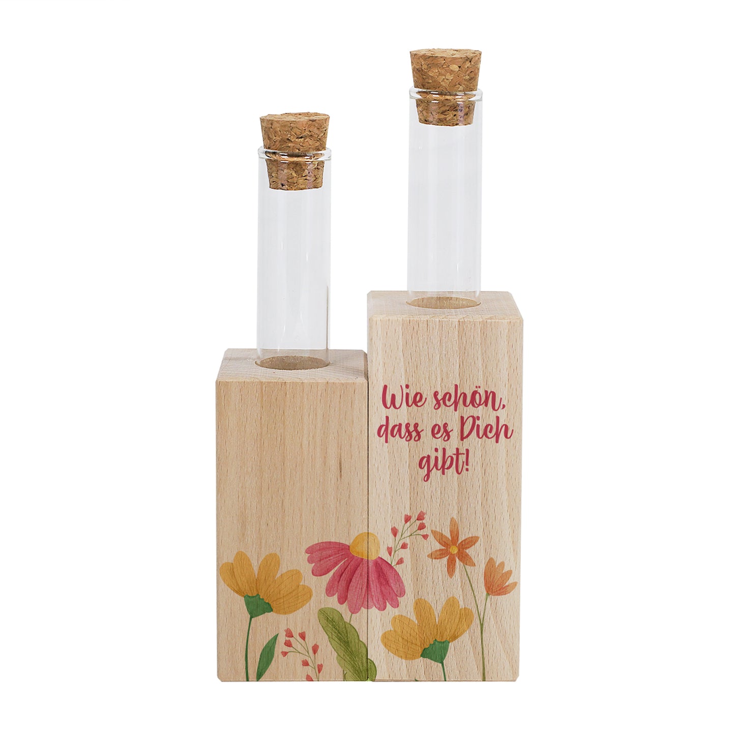 Vase mit Blumenmotiv und Ihrem Wunschtext - Reagenzgläser in Holzsockel