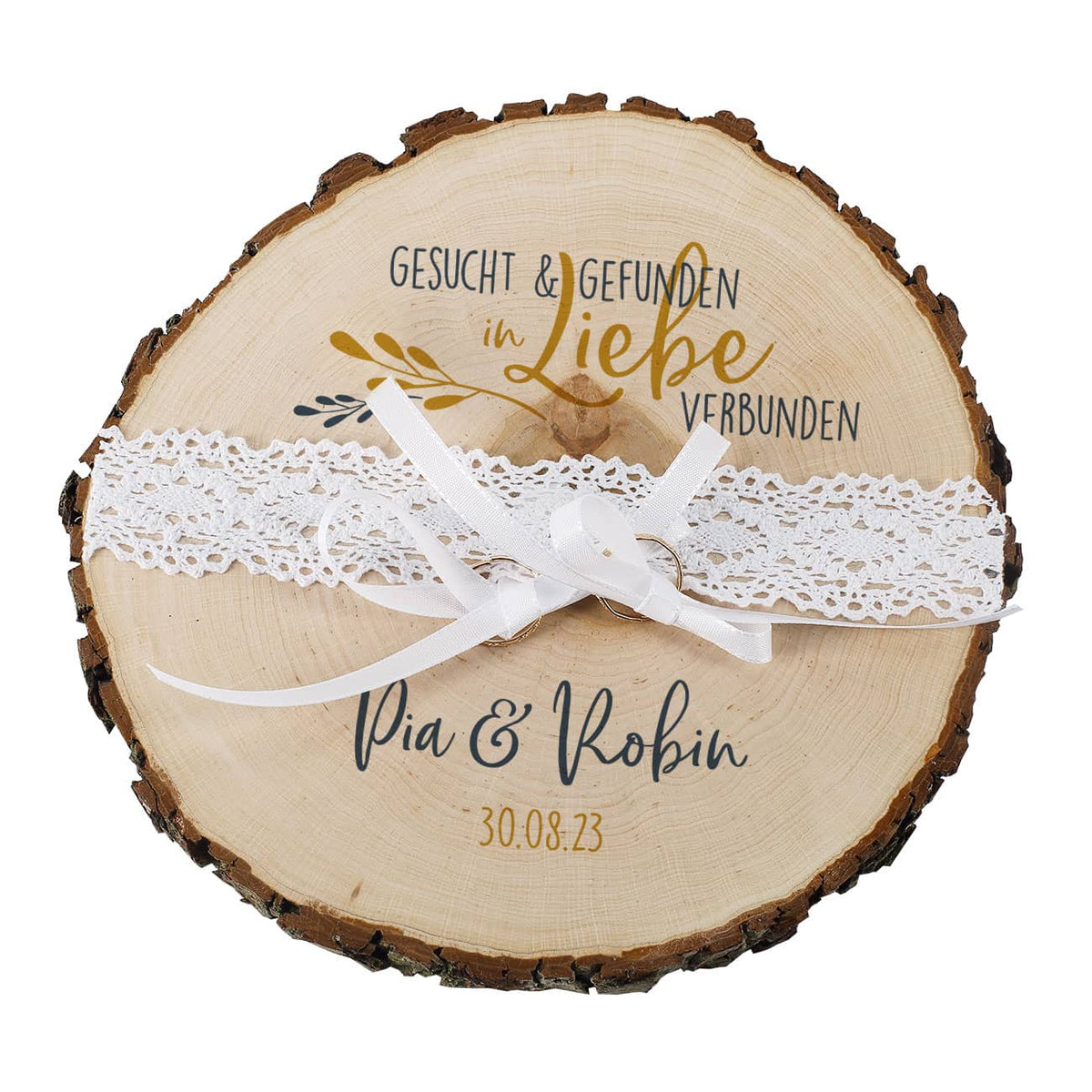 Gesucht & Gefunden - In Liebe verbunden - Baumscheibe als Ringkissen zur Hochzeit