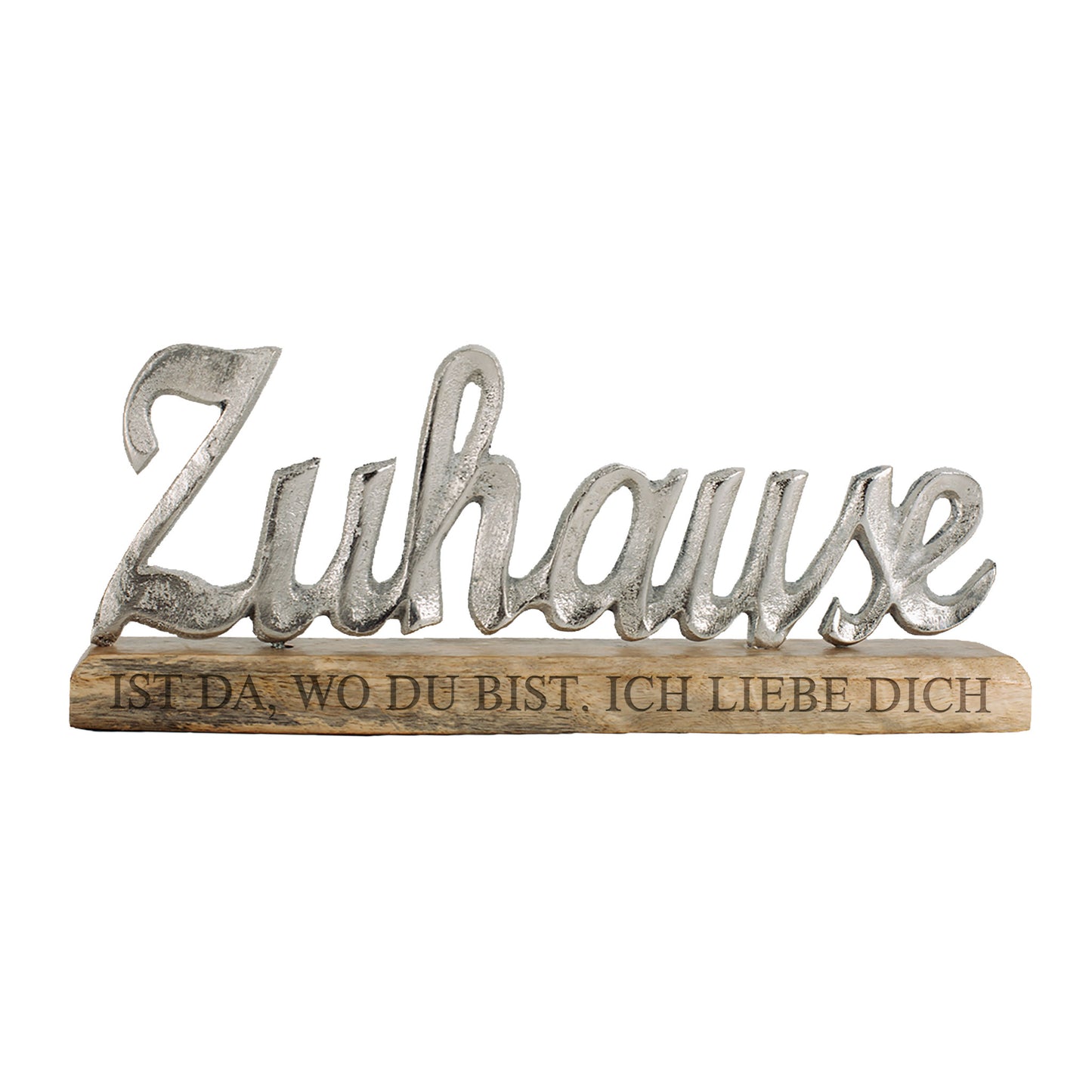 Gravierte Skulptur "Zuhause" mit Wunschtext - Dekoration aus Aluminium mit Holzsockel