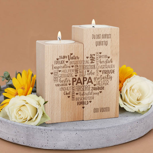 Teelichthalter für Papa mit graviertem Herz & Wunschtext