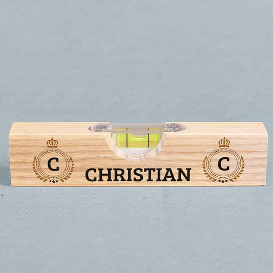 Kleine Wasserwaage aus Holz mit Aufdruck