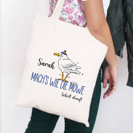 Mach's wie die Möwe... - Baumwollbeutel mit Name