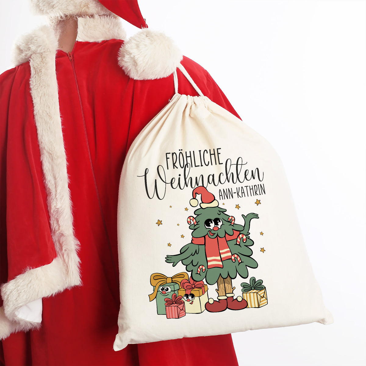Großer personalisierter Weihnachts Geschenksack mit Name Ann-Kathrin und Weihnachtsbaum Motiv beim Weihnachtsmann