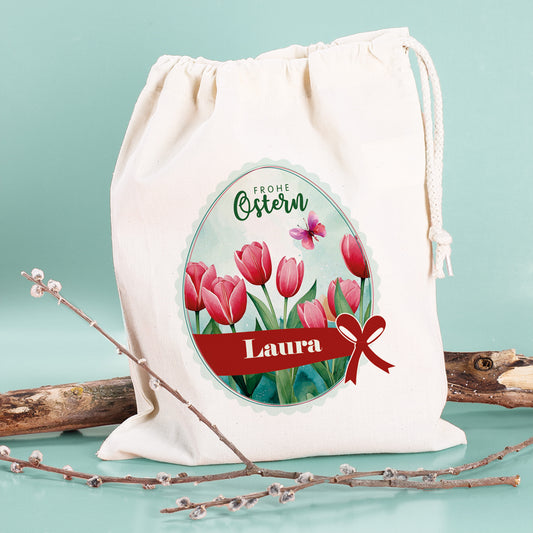 Personalisierter Osterbeutel mit Name & Tulpenmotiv aus Baumwolle