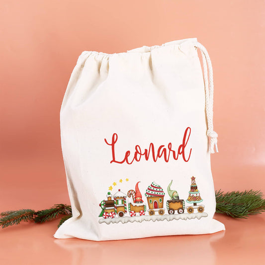 Kinder Geschenksack in 3 Größen zu Weihnachten mit Wichtel Weihnachtszug Motiv und Name