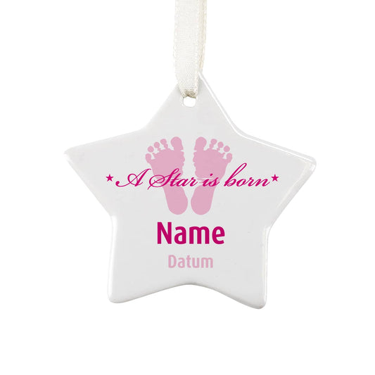 Weißer Stern aus Keramik mit Wunschname und Datum bedruckt