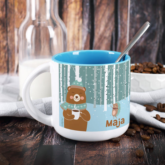 Große Tasse - Winterlandschaft und Bär - mit Name