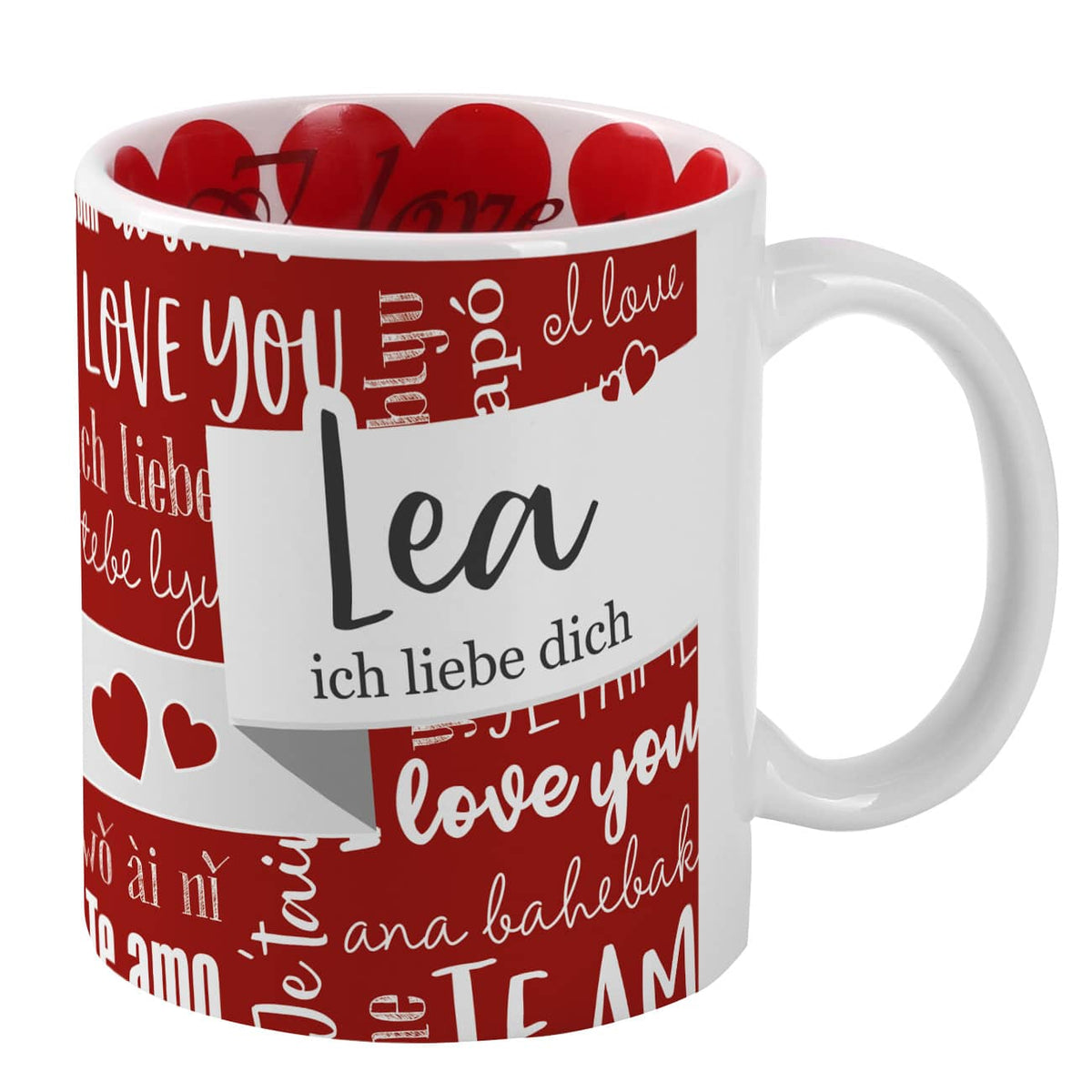 Persönliche Tasse in unterschiedlichen Sprachen zum Valentinstag mit einem Namen Ihrer Wahl