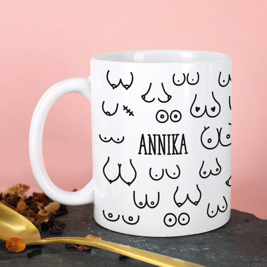 Personalisierte Tasse aus weißem Keramik mit Busen-Motiv