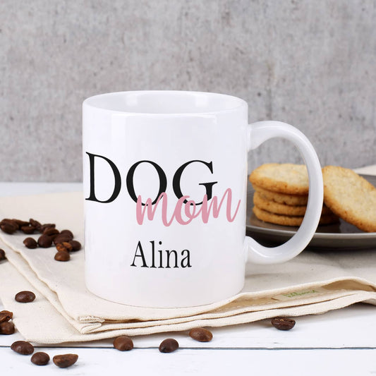 Fototasse mit Schriftzug "Dog Mom" und Wunschname