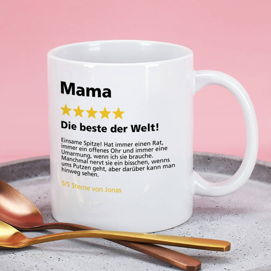 Lustige Bewertungstasse mit Name und Text nach Wunsch