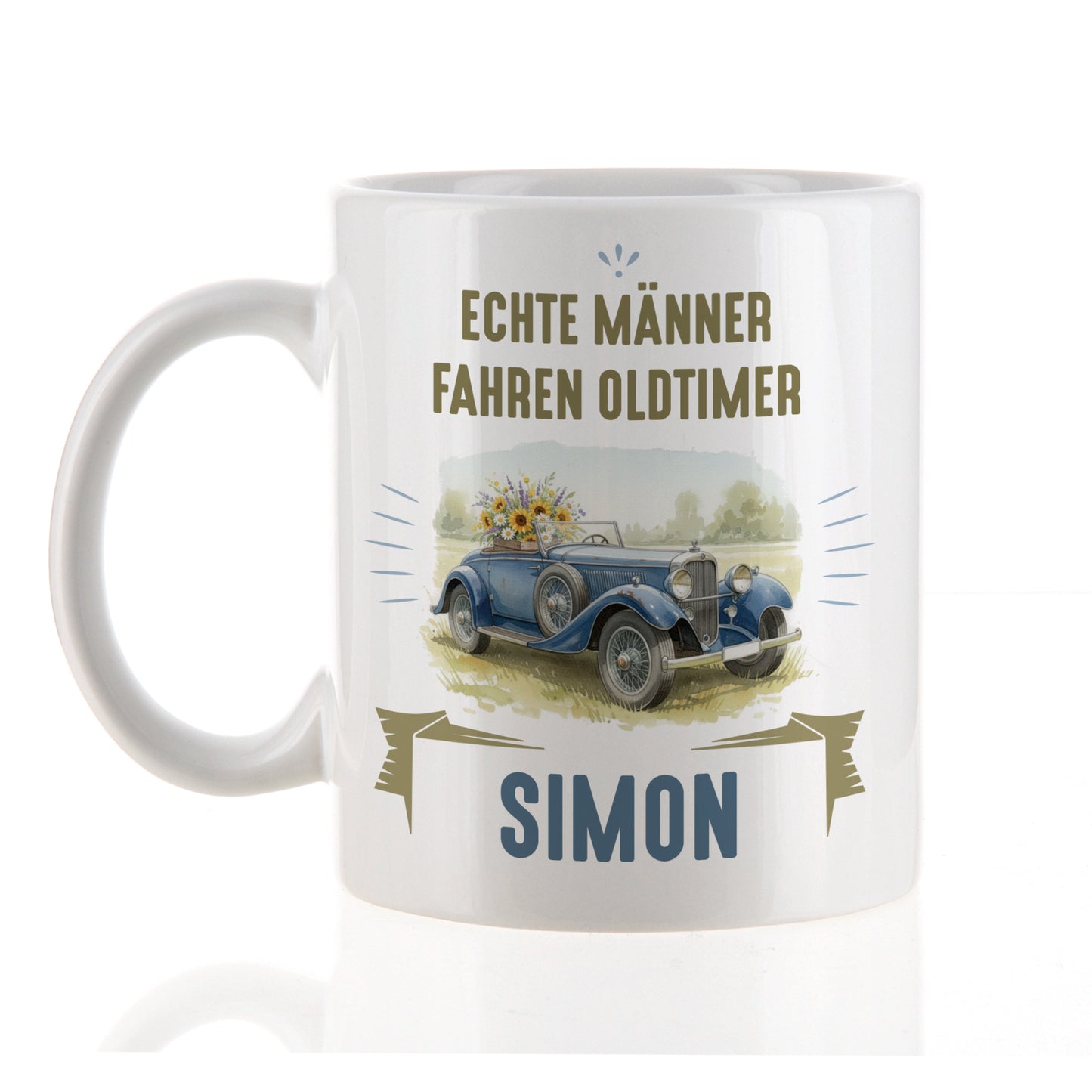 Keramiktasse mit Oldtimer-Motiv und Name Simon, Geschenkidee für Autofans
